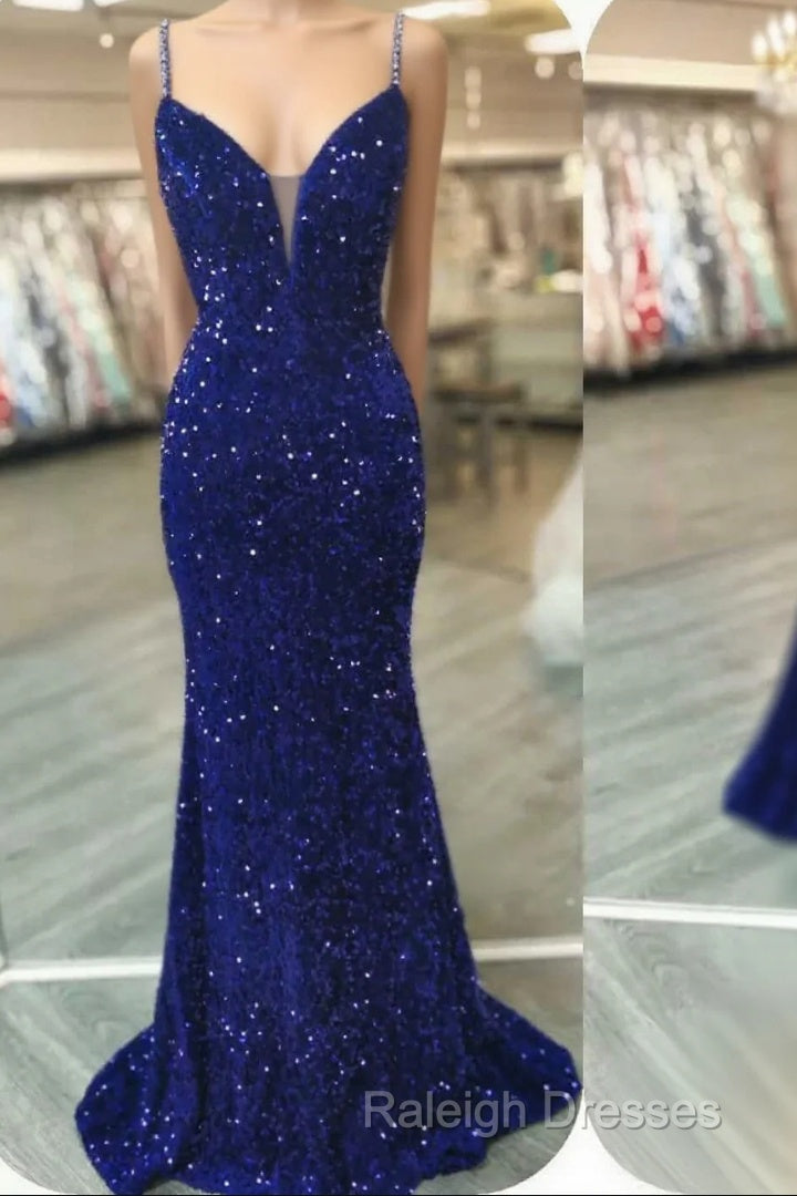 Royal Blue Sequin Beaded Mermaid Prom Dresses Spaghetti Straps Main image