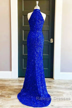 Royal Blue Sequin Halter Long Formal Dress with Slit Prom Dresses