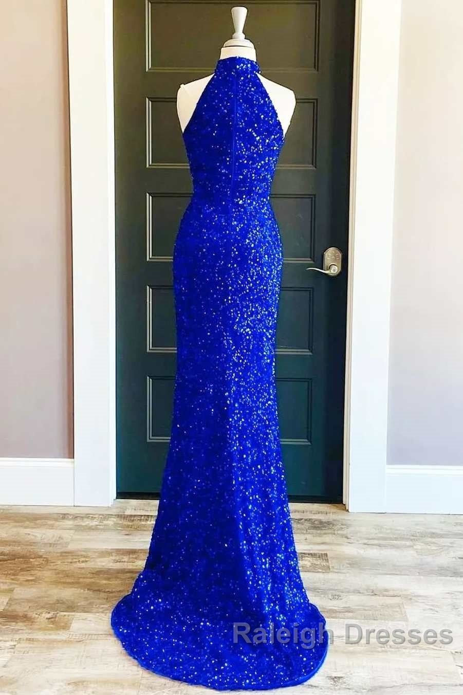 Royal Blue Sequin Halter Long Formal Dress with Slit Prom Dresses