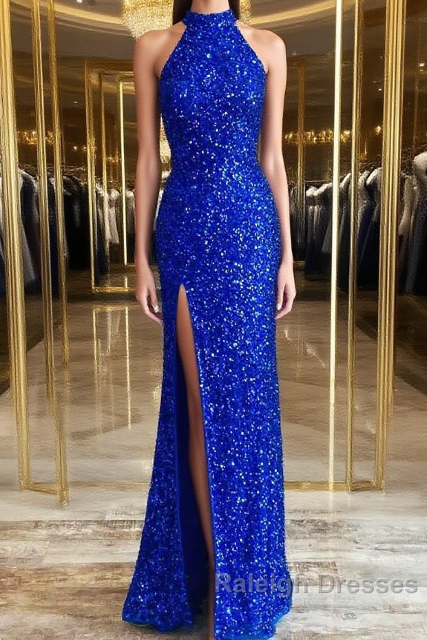 Royal Blue Sequin Halter Long Formal Dress with Slit Prom Dresses