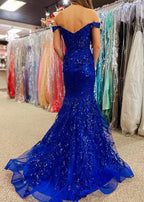 Royal Blue Sequin Lace Off the Shoulder Mermaid Prom Dress