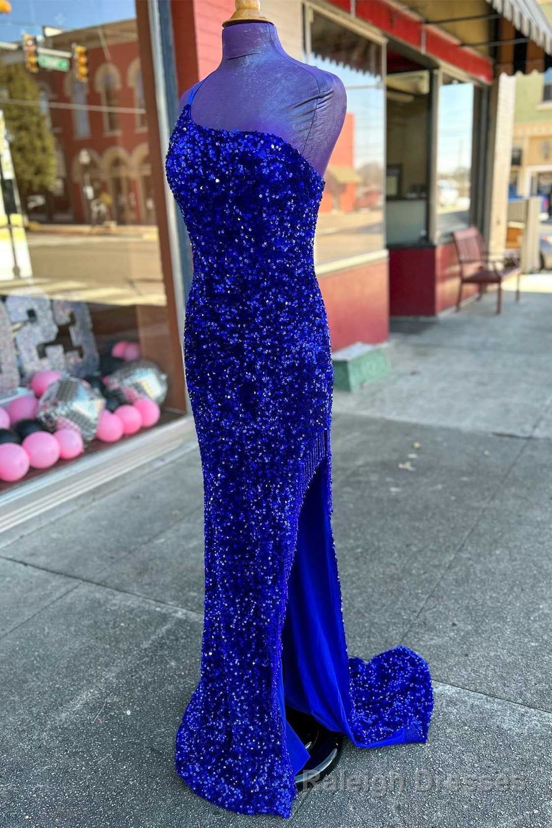 Royal Blue Sequin One-Shoulder Backless Long Prom Dresses with Slit,Evening Party Dress Main image