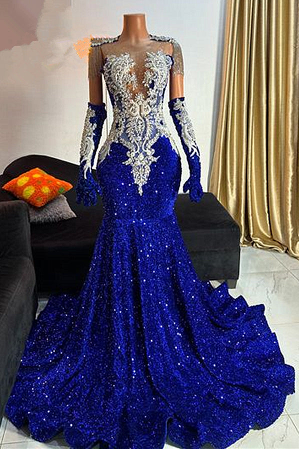 Royal Blue Sequin Sleeveless Gloves Silver Beaded Mermaid Prom Dresses Main image