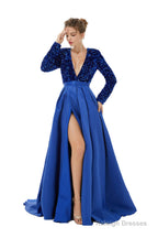 Sequined Satin A Line Front Slit V Neck Full Sleeve Sweep Train Long Prom Dresses