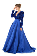Sequined Satin A Line Front Slit V Neck Full Sleeve Sweep Train Long Prom Dresses
