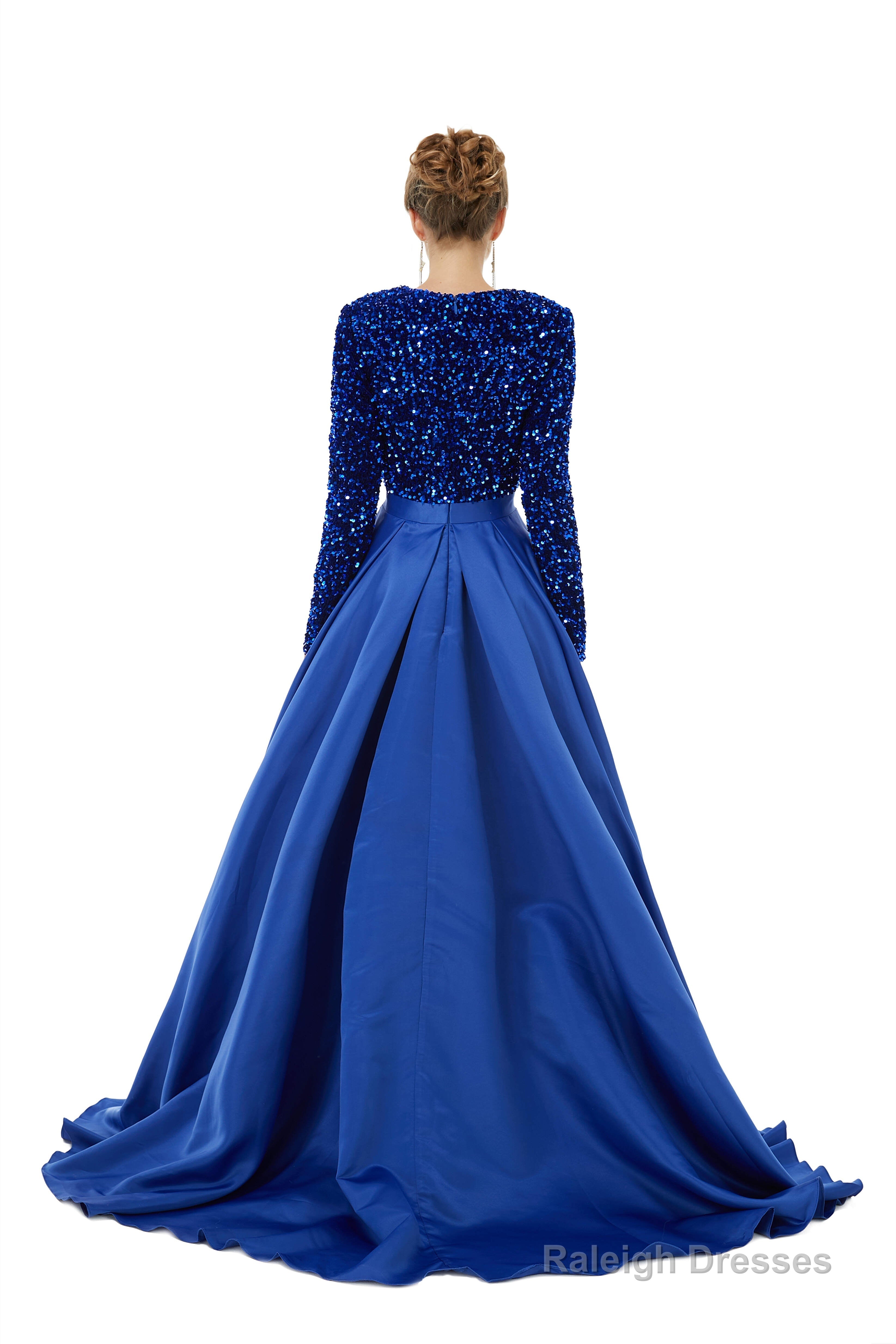 Sequined Satin A Line Front Slit V Neck Full Sleeve Sweep Train Long Prom Dresses