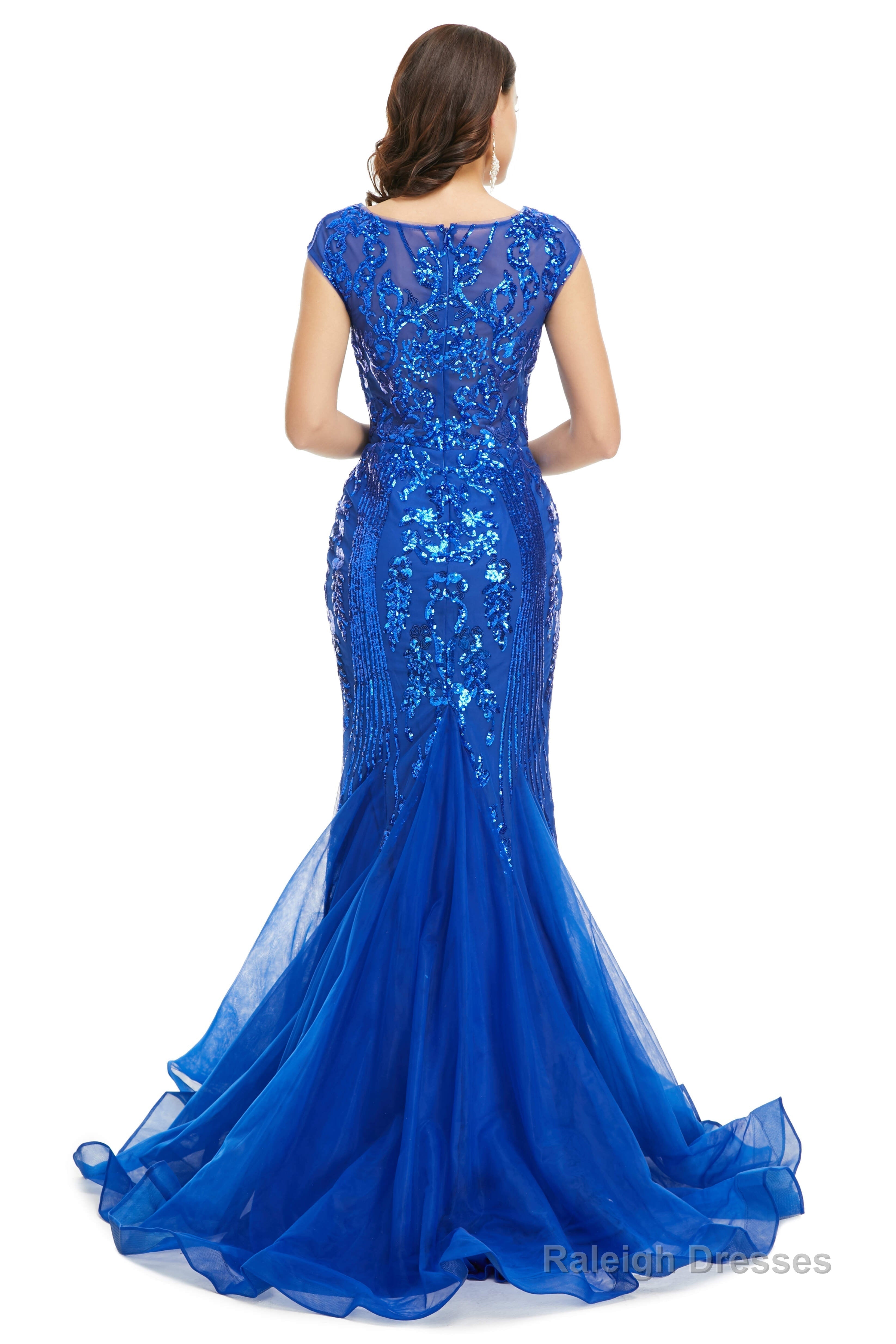 Royal Blue Sequined Tulle Mermaid Cap Sleeve Scoop Neck Formal Gowns Secondary image