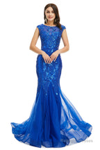 Royal Blue Sequined Tulle Mermaid Cap Sleeve Scoop Neck Formal Gowns