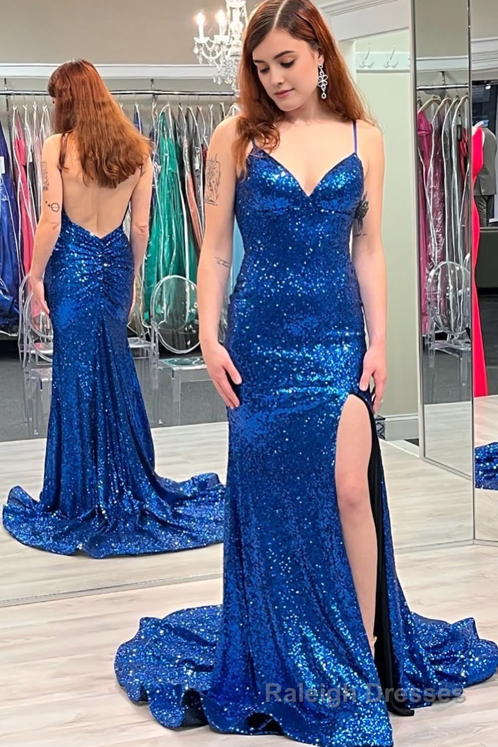 Royal Blue Sequins Backless Mermaid Prom Dress with Slit Main image