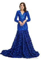 Sequins Mermaid Long V Neck Prom Dresses Full Sleeve