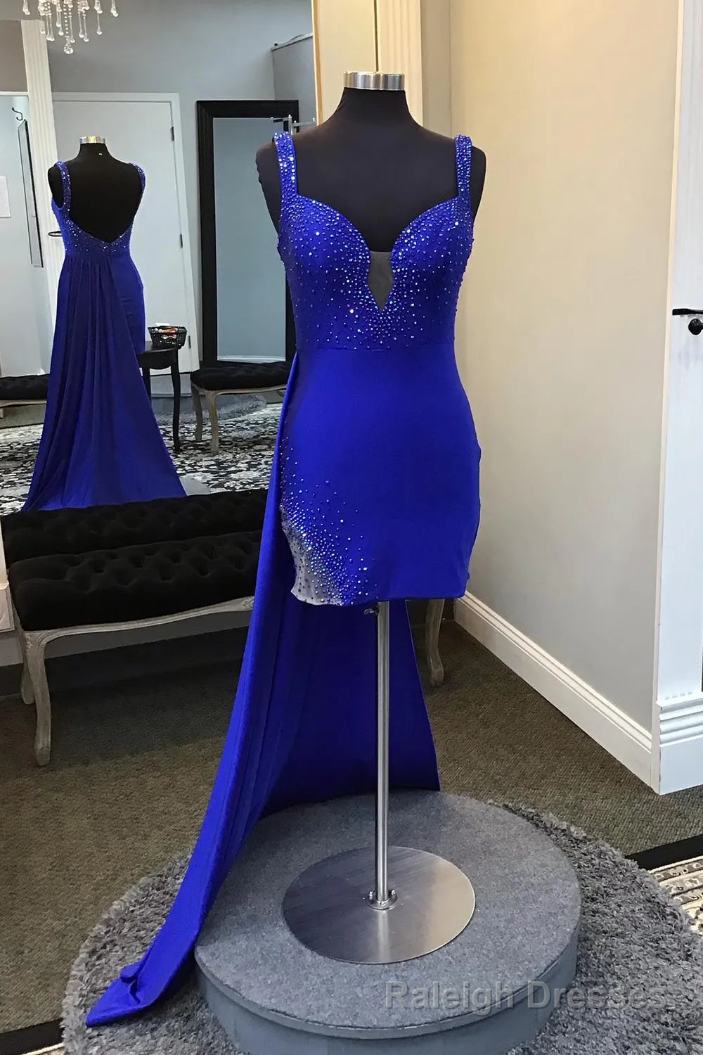 Royal Blue Spaghetti Straps Beaded Bodycon Homecoming Dress with Open Back Main image