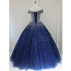 Blue Sparkle Off Shoulder Ball Prom Dresses Handmade Beaded Prom Dresses