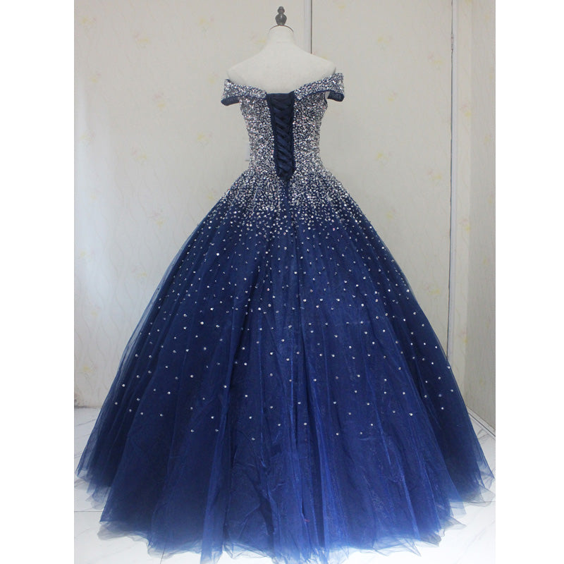 Blue Sparkle Off Shoulder Ball Prom Dresses Handmade Beaded Prom Dresses