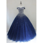Blue Sparkle Off Shoulder Ball Prom Dresses Handmade Beaded Prom Dresses