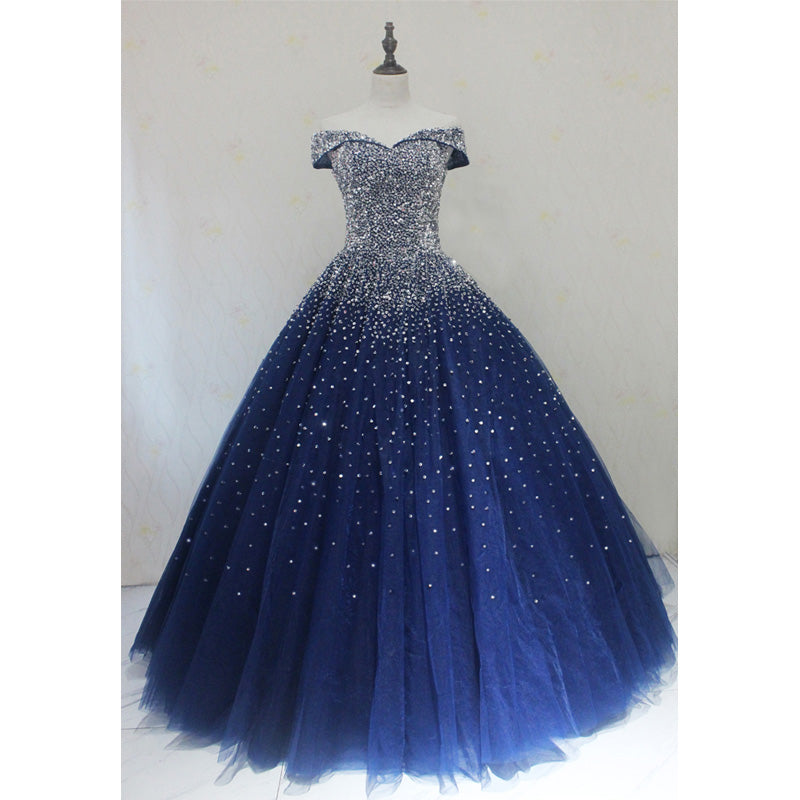 Blue Sparkle Off Shoulder Ball Prom Dresses Handmade Beaded Prom Dresses