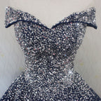 Blue Sparkle Off Shoulder Ball Prom Dresses Handmade Beaded Prom Dresses