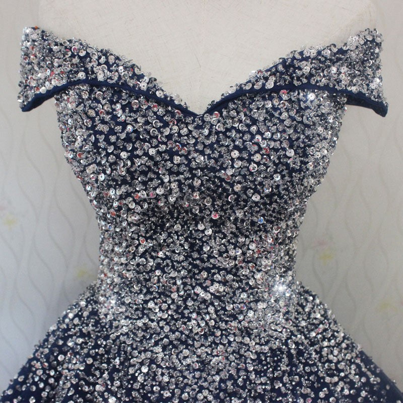 Blue Sparkle Off Shoulder Ball Prom Dresses Handmade Beaded Prom Dresses