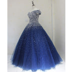 Blue Sparkle Off Shoulder Ball Prom Dresses Handmade Beaded Prom Dresses