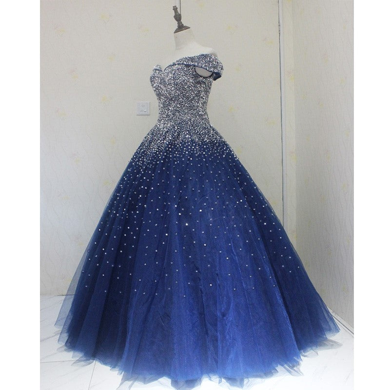 Blue Sparkle Off Shoulder Ball Prom Dresses Handmade Beaded Prom Dresses
