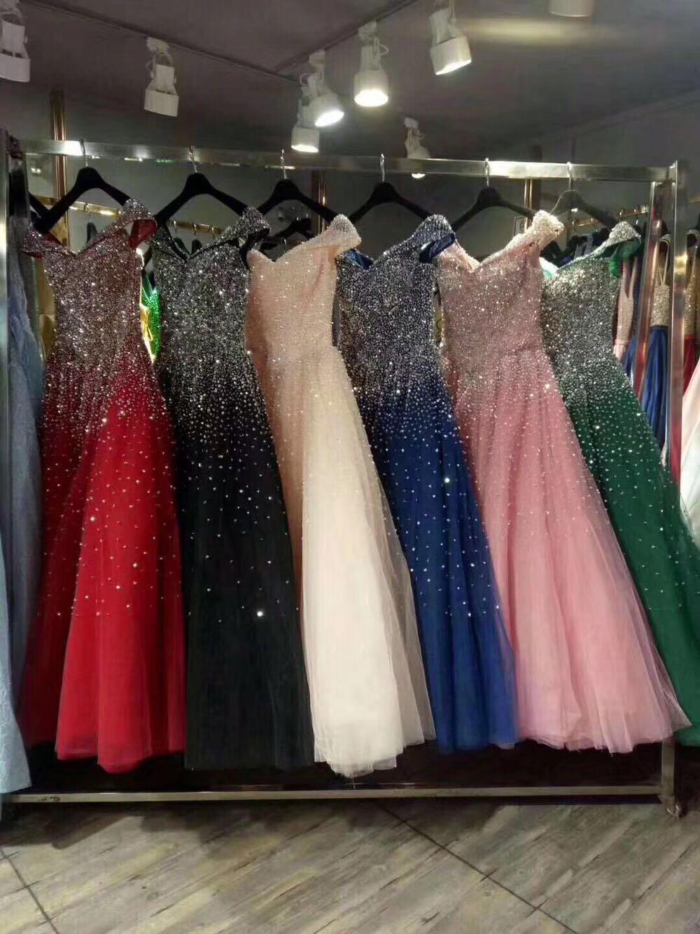 Blue Sparkle Off Shoulder Ball Prom Dresses Handmade Beaded Prom Dresses