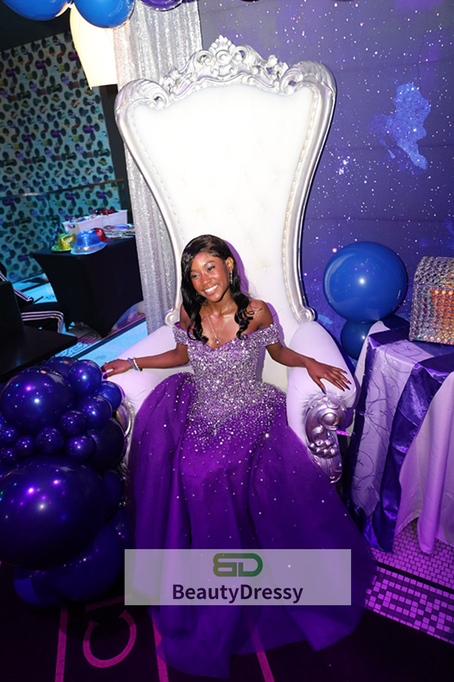 Blue Sparkle Off Shoulder Ball Prom Dresses Handmade Beaded Prom Dresses