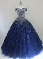 Blue Sparkle Off Shoulder Ball Prom Dresses Handmade Beaded Prom Dresses