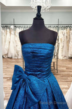 Royal Blue Strapless A-Line Long Prom Dress With Bow