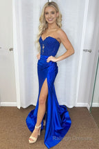 Royal Blue Strapless Lace Mermaid Long Prom Dresses With Slit