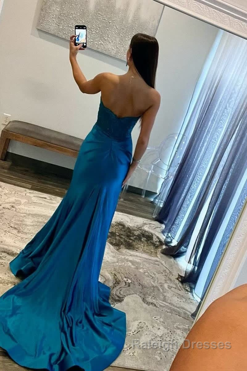 Royal Blue Strapless Lace Mermaid Long Prom Dresses With Slit Secondary image