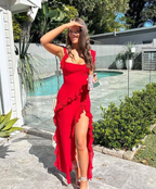 Red Chiffon Prom Dresses Long Ruffle Prom Dresses Prom Dresses