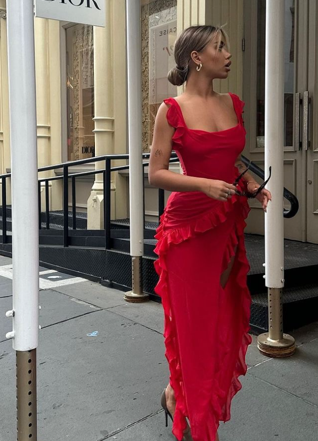Red Chiffon Prom Dresses Long Ruffle Prom Dresses Prom Dresses