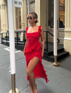 Red Chiffon Prom Dresses Long Ruffle Prom Dresses Prom Dresses