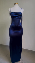 Royal Blue Straps Backless Satin Long Prom Dresses Prom Dresses