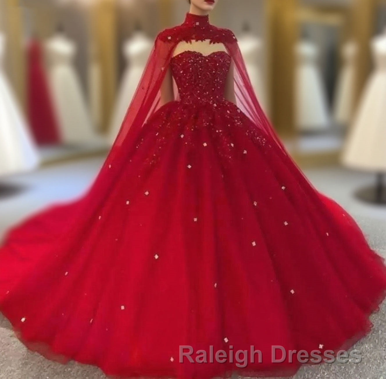 Royal Blue Tulle Ball Gown Prom Dress With Cape