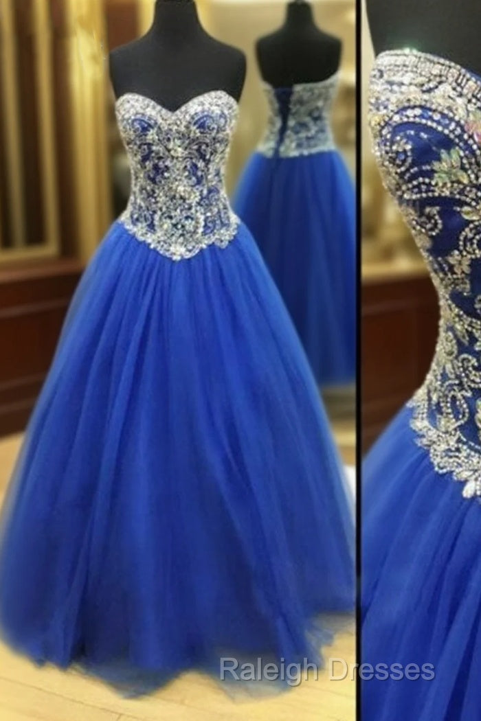 Royal Blue Tulle Beaded Long Prom Dress, Blue Evening Dresses Main image