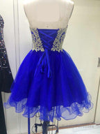 Royal Blue Tulle With Gold Applique Short Prom Dresses Blue Homecoming Dress