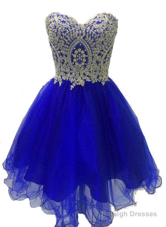Royal Blue Tulle With Gold Applique, Short Prom Dress, Blue Homecoming Dresses Main image