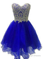 Royal Blue Tulle With Gold Applique Short Prom Dresses Blue Homecoming Dress