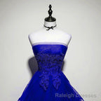 Royal Blue Tulle with Lace Applique High Low Prom Dress, Blue Homecoming Dress