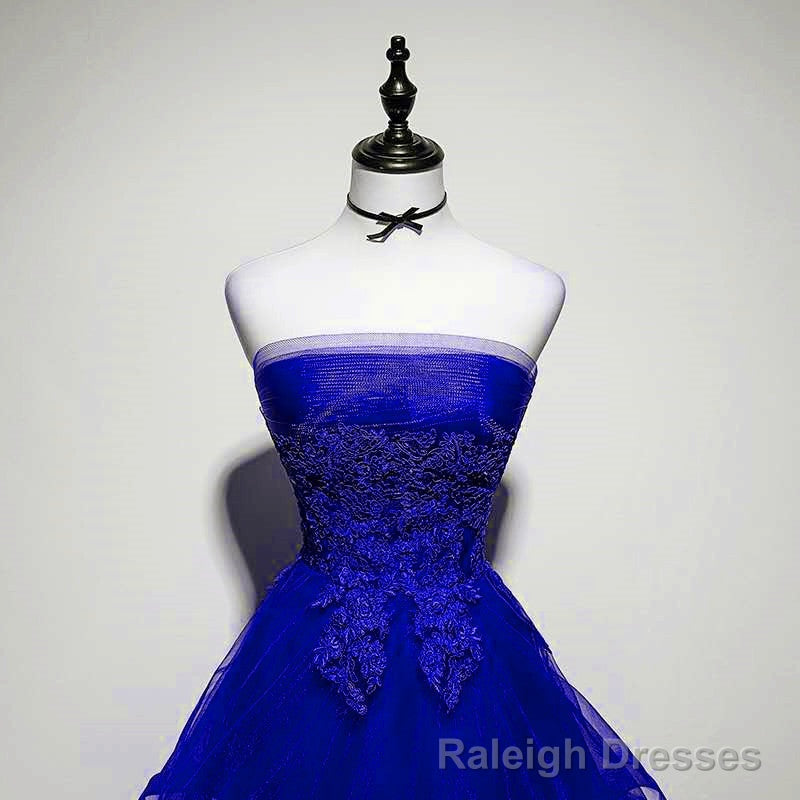Royal Blue Tulle with Lace Applique High Low Prom Dress, Blue Homecoming Dress
