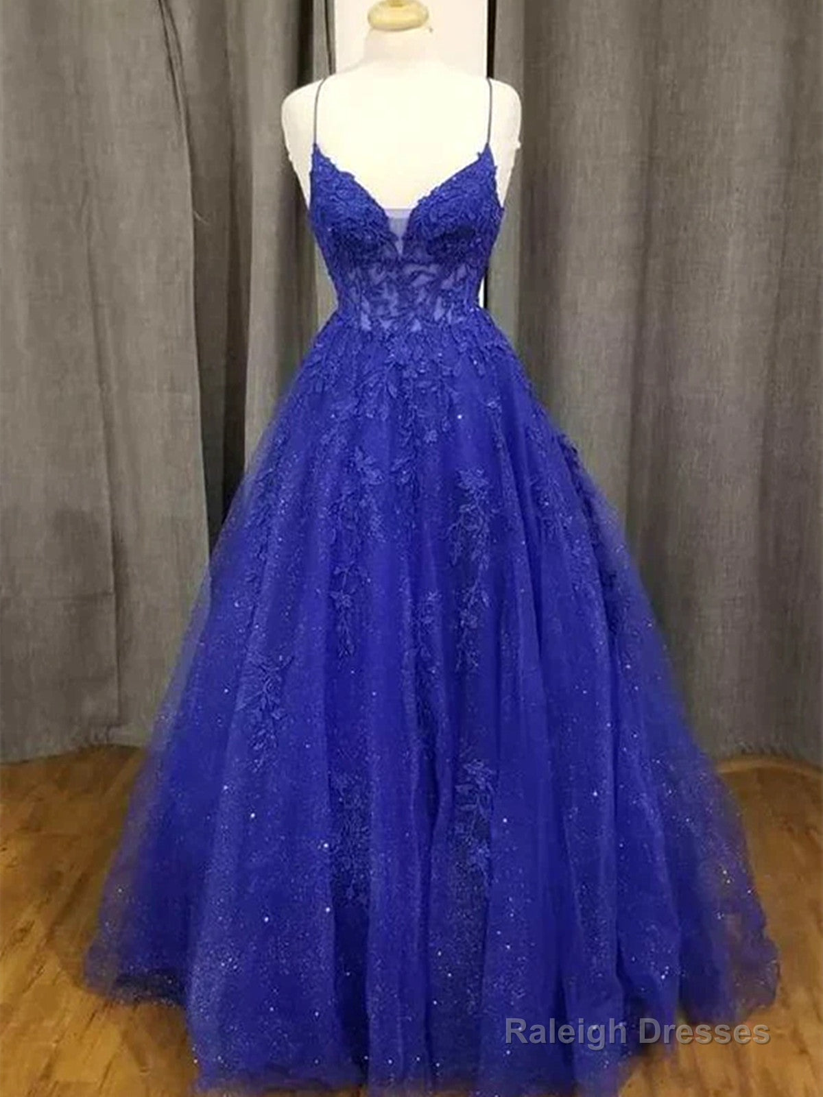 Royal Blue Tulle With Lace Applique Straps Long Prom Dresses Royal Blue Prom Dresses