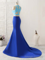 Royal Blue Two Pieces Satin Long Prom Dress, Blue Prom Dress