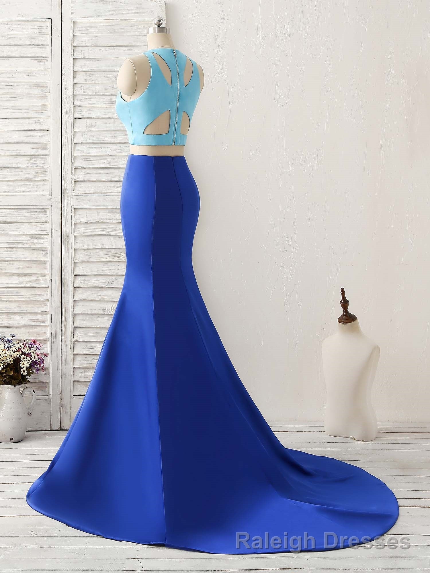 Royal Blue Two Pieces Satin Long Prom Dress, Blue Prom Dress
