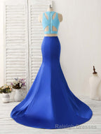 Royal Blue Two Pieces Satin Long Prom Dress, Blue Evening Dress