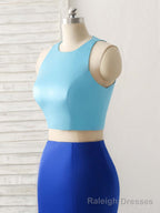 Royal Blue Two Pieces Satin Long Prom Dress, Blue Prom Dress