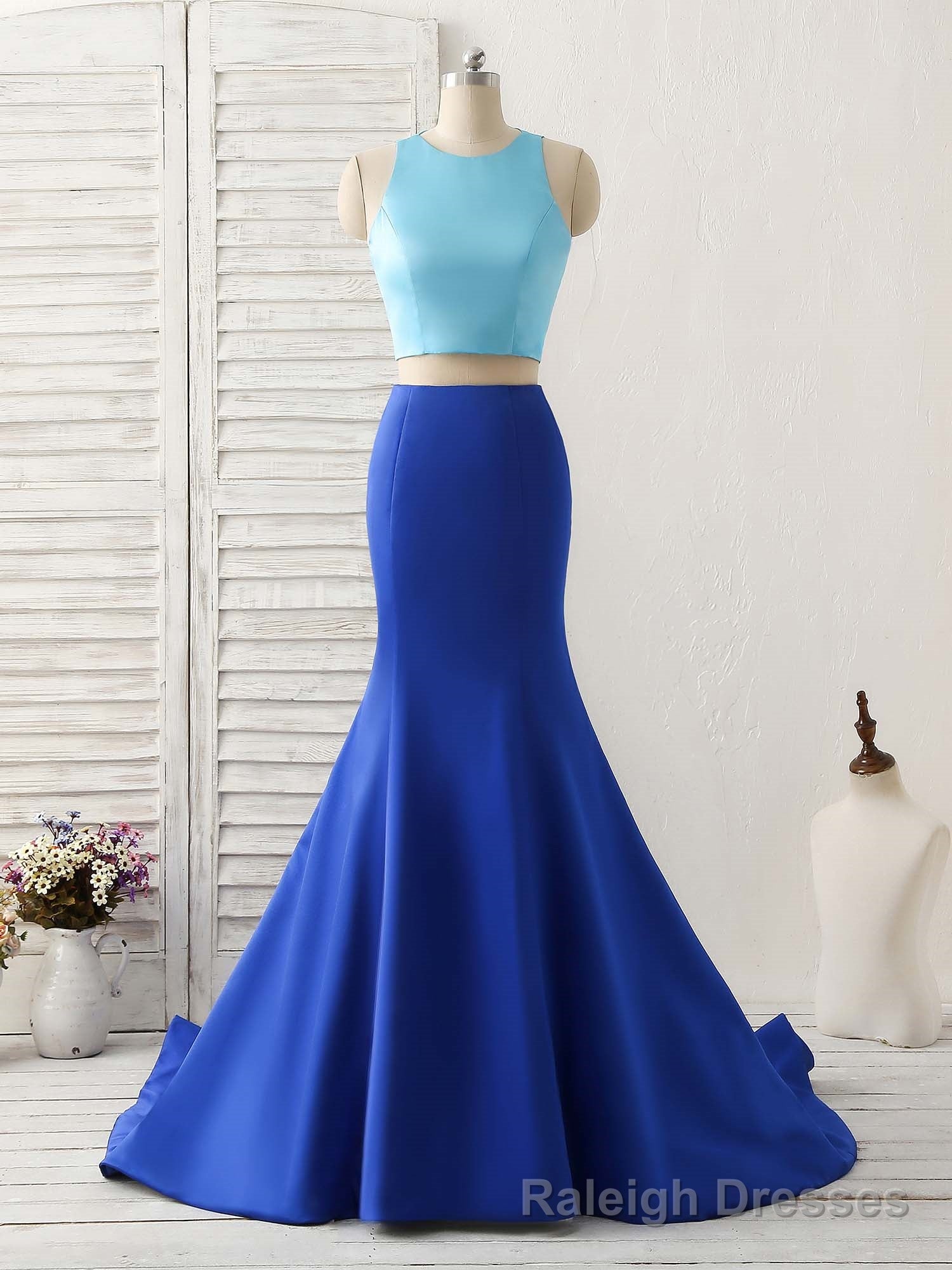 Royal Blue Two Pieces Satin Long Prom Dress, Blue Evening Dress Main image