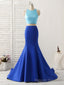 Royal Blue Two Pieces Satin Long Prom Dress, Blue Evening Dress