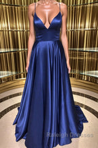 Royal Blue V Neck Backless Satin Long Prom Dresses, Royal Blue Formal Dresses, Backless Royal Blue Evening Dresses