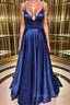 Royal Blue V Neck Backless Satin Long Prom Dresses, Royal Blue Formal Dresses, Backless Royal Blue Evening Dresses