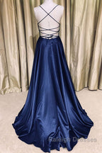 Royal Blue V Neck Backless Satin Long Prom Dresses, Royal Blue Formal Dresses, Backless Royal Blue Evening Dresses
